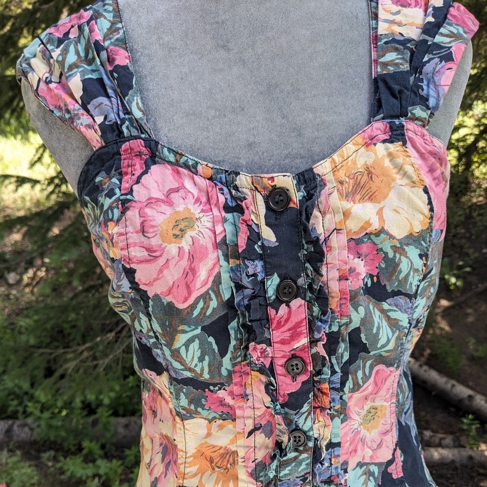 Vintage 90s Starina Floral Garden Dress M Cottagecore Button Front Corset Ruffle - Picture 3 of 15